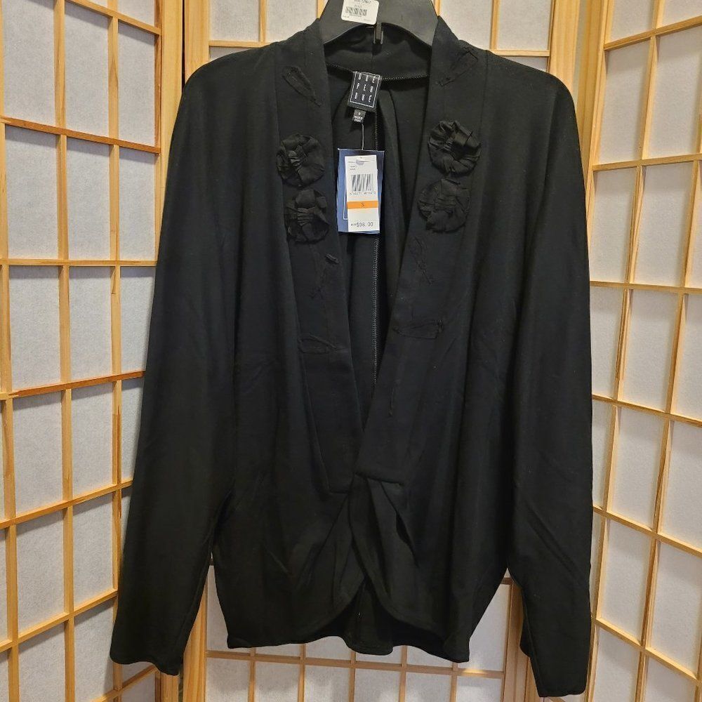 Due Per Due Womens Floral Accent Kimono Sleeves Black Cardigan Sweater Sz S NWT